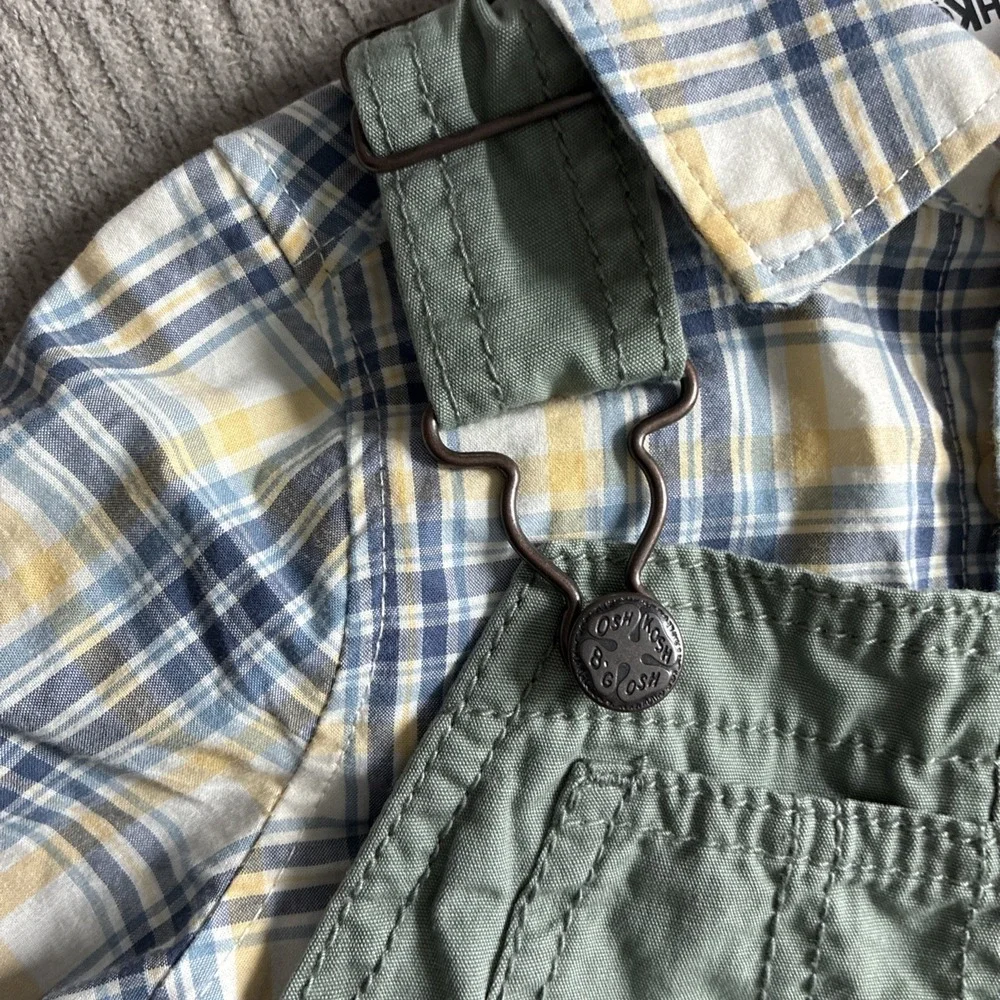 OSHKOSH B'GOSH Vestbak pant overalls Matching Plaid Shirt Boys 12 Months 2 Piece